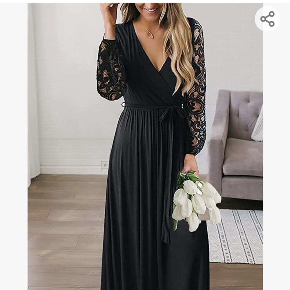 Black floral lace long sleeve faux wrap dress.